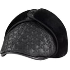 Pickford Black Genuine Leather Rhombuses Earflaps Flat Cap