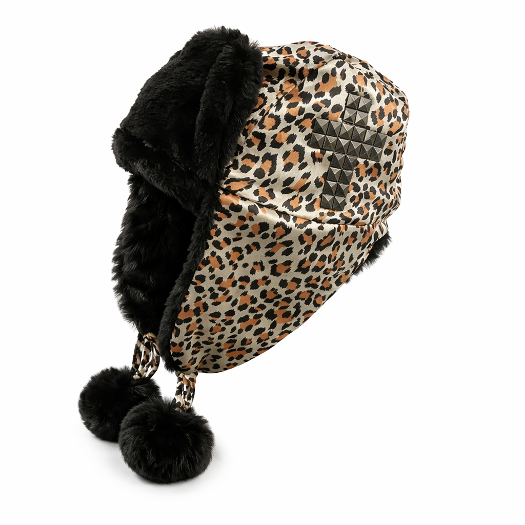 Pom Poms Winter Leopard Print Bomber Hat