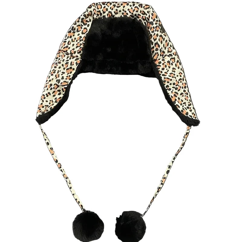 Pom Poms Winter Leopard Print Bomber Hat