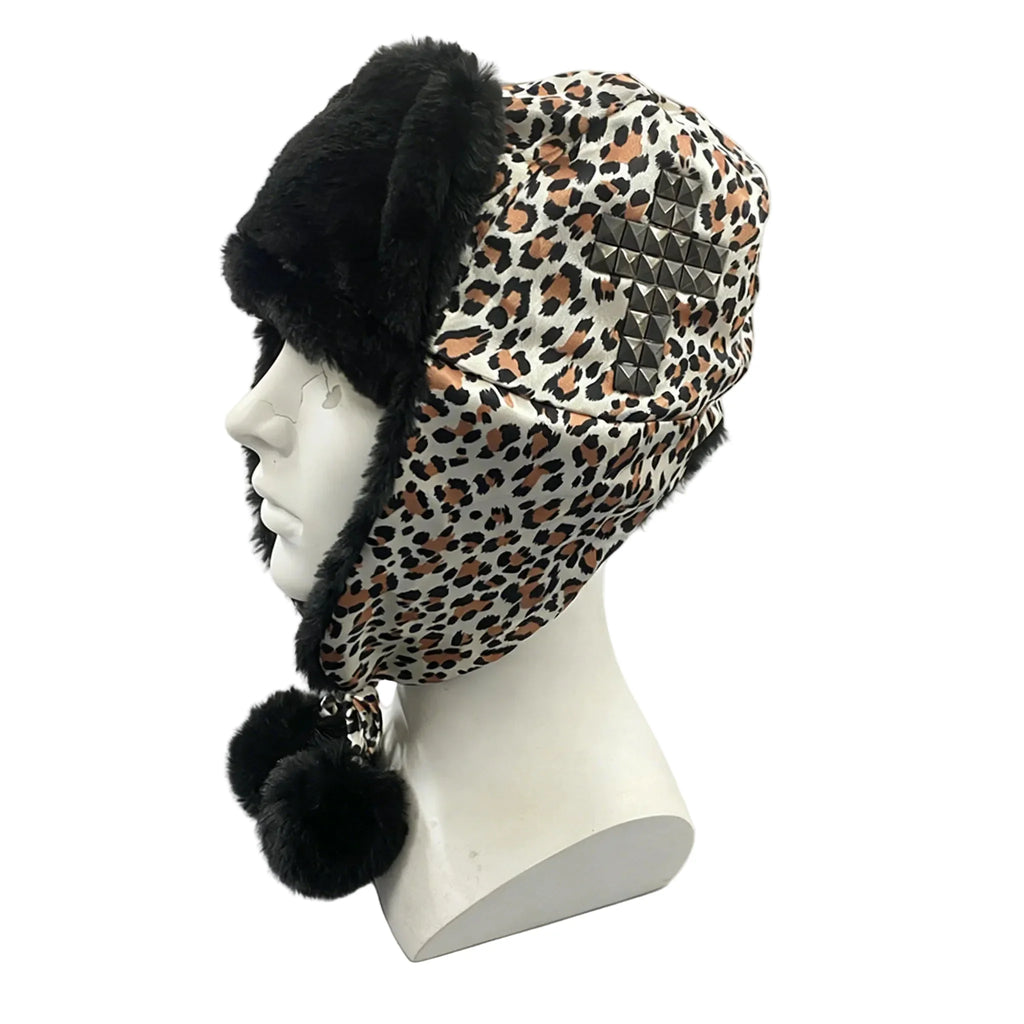 Pom Poms Winter Leopard Print Bomber Hat