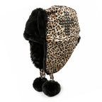 Pom Poms Winter Leopard Print Bomber Hat