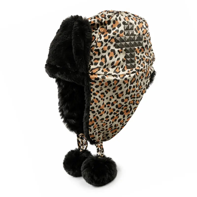 Pom Poms Winter Leopard Print Bomber Hat