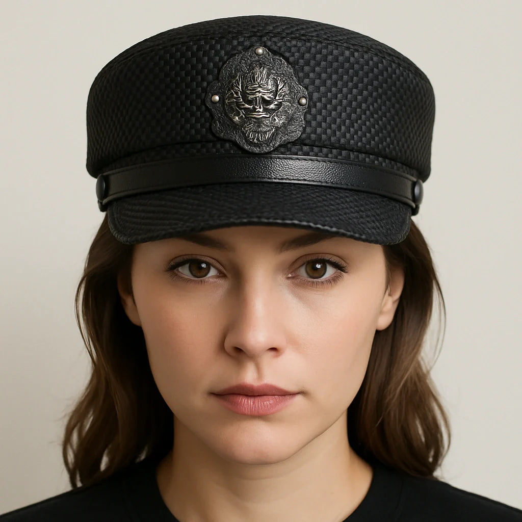 Punk Black Genuine Leather Sailor Cap