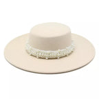 Beige boater hat with pearl belt – classic straw hat with pearl detail