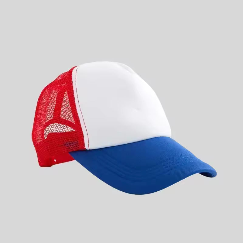 Personalized logo trucker hat in red, white and blue – custom mesh-back baseball cap