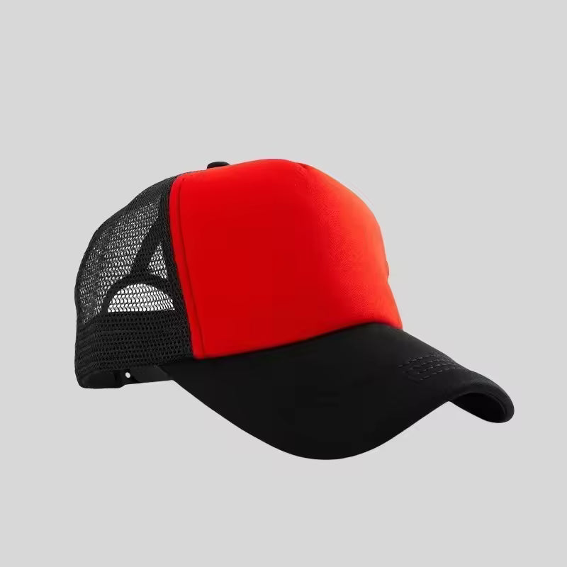 Personalized logo trucker hat in red with black mesh – custom mesh-back baseball cap
