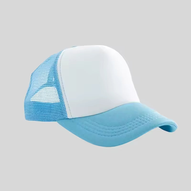 Personalized logo trucker hat in light blue with white front – custom mesh-back baseball cap