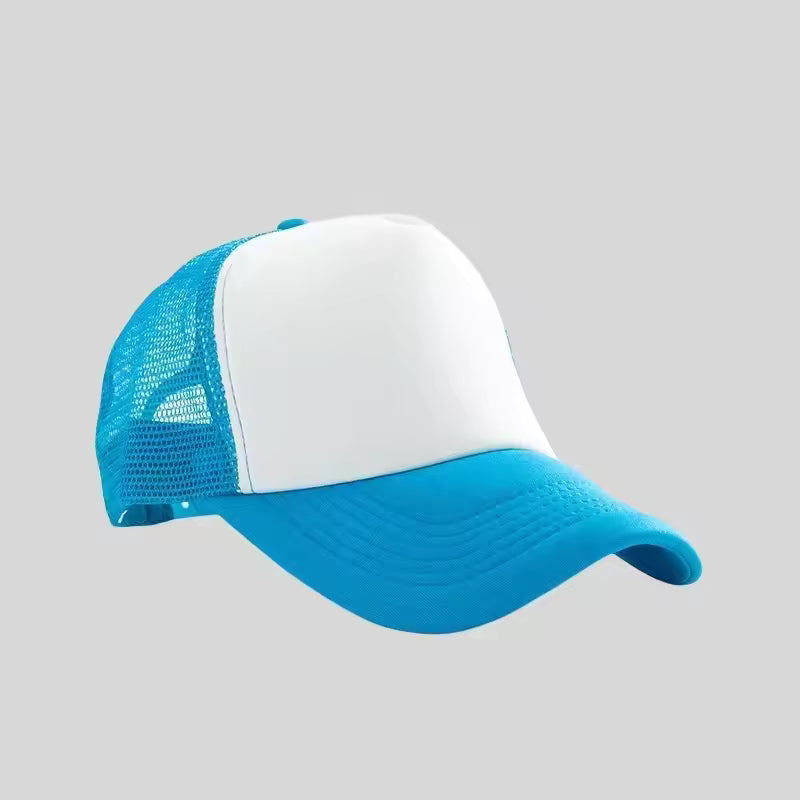 Personalized logo trucker hat in sky blue with white front – custom mesh-back baseball cap