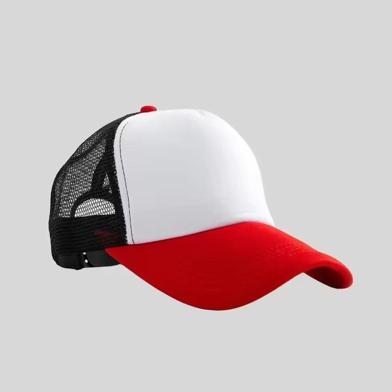 Personalized logo trucker hat in white with black mesh and red brim – custom baseball cap