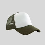 Personalized logo trucker hat in army green with white front – custom mesh-back baseball cap