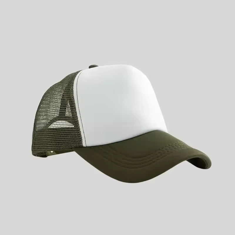 Personalized logo trucker hat in army green with white front – custom mesh-back baseball cap