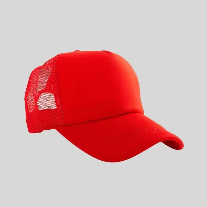 Personalized logo trucker hat in red – custom mesh-back baseball cap
