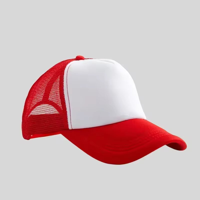 Personalized logo trucker hat in red with white front – custom mesh-back baseball cap