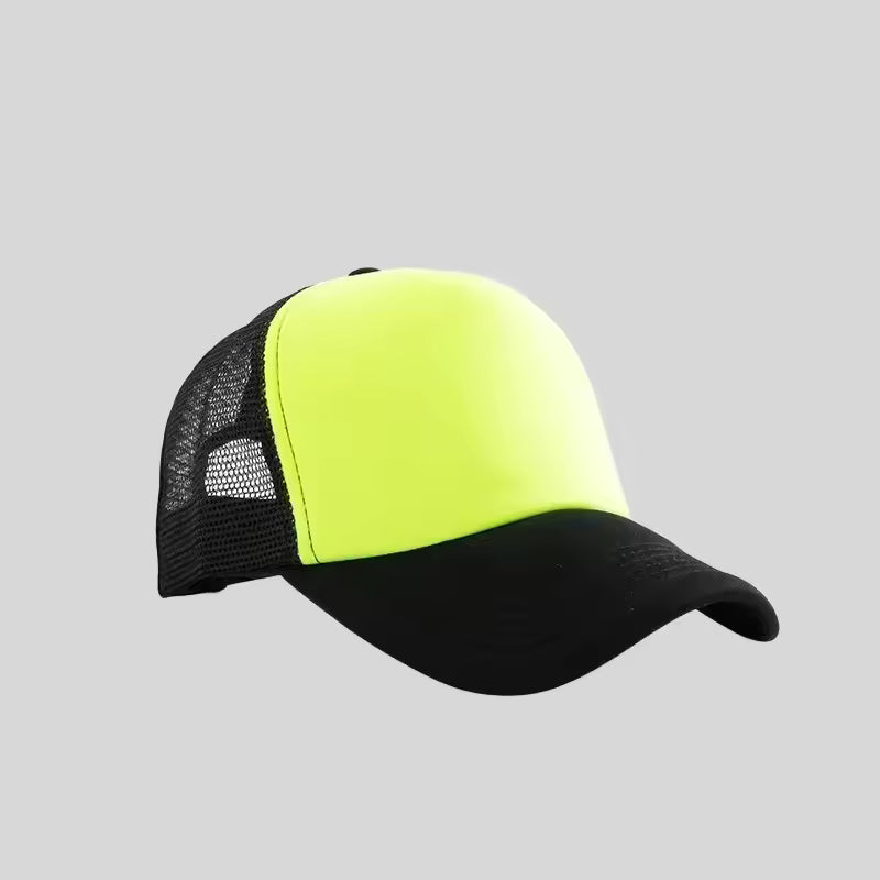 Personalized logo trucker hat in neon yellow with white front – custom mesh-back baseball cap