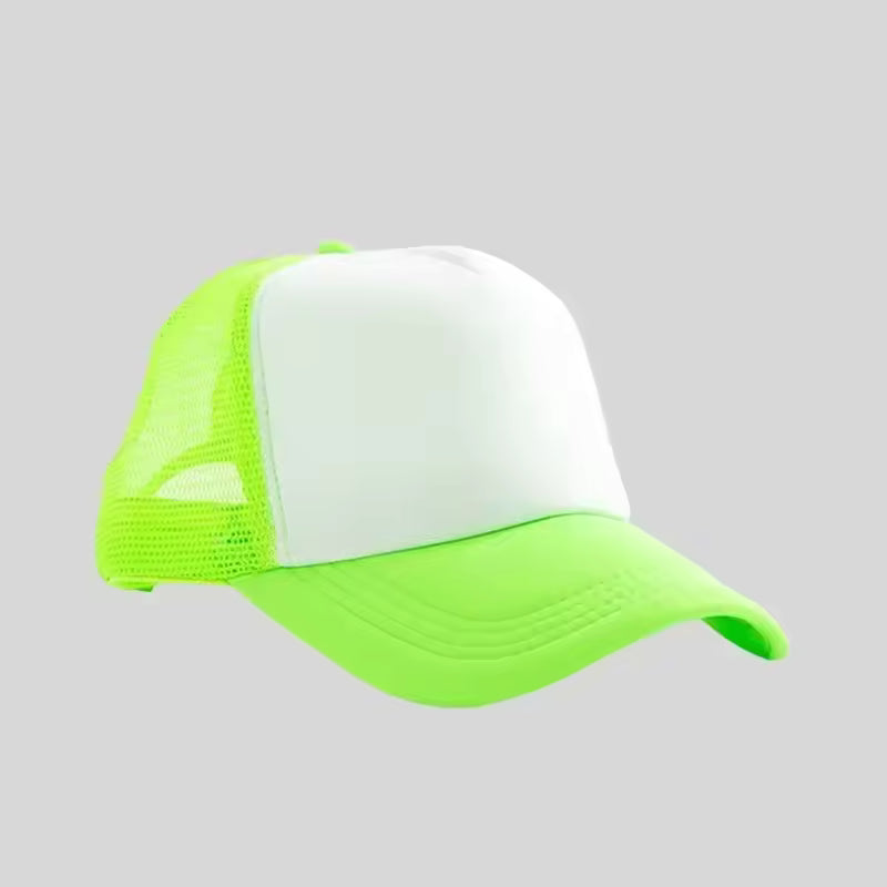 Personalized logo trucker hat in neon green with white front – custom mesh-back baseball cap