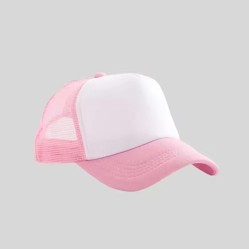 Personalized logo trucker hat in baby pink with white front – custom mesh-back baseball cap