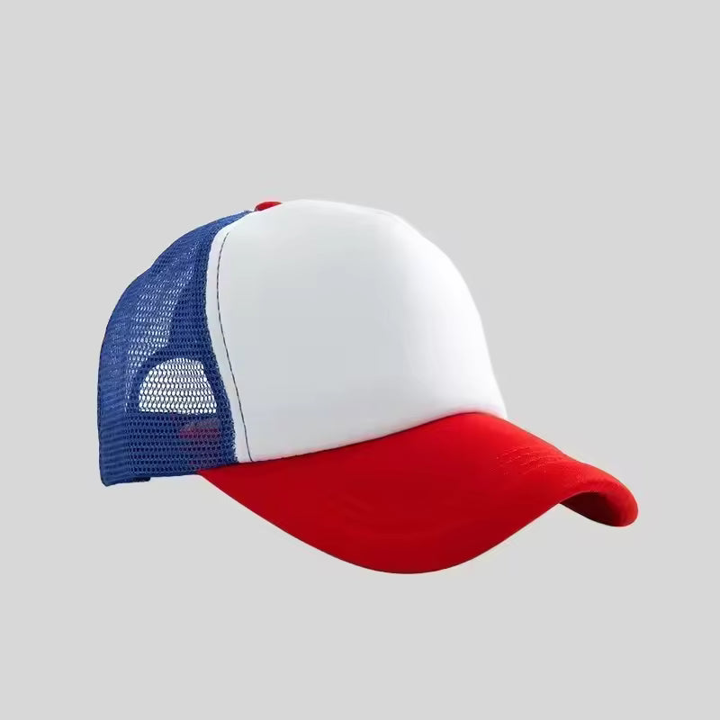 Personalized logo trucker hat in white with royal blue mesh and red brim – custom baseball cap