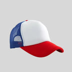 Personalized logo trucker hat in white with royal blue mesh and red brim – custom baseball cap