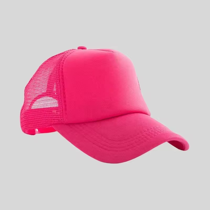 Personalized logo trucker hat in rose pink – custom mesh-back baseball cap