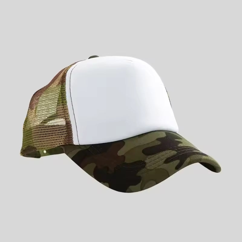 Personalized logo trucker hat in camouflage with white front – custom mesh-back baseball cap