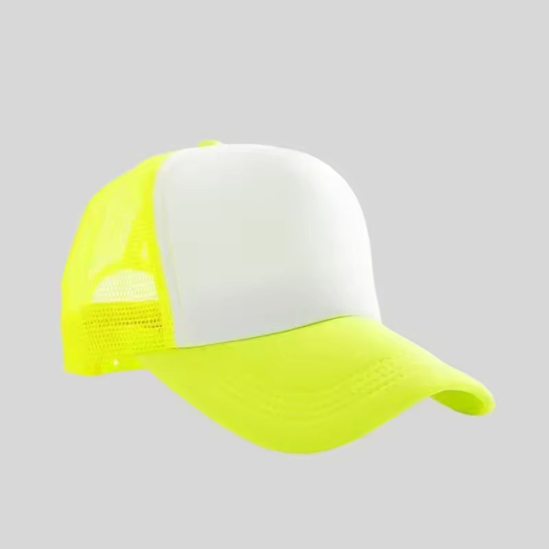Personalized logo trucker hat in neon yellow with white front – custom mesh-back baseball cap