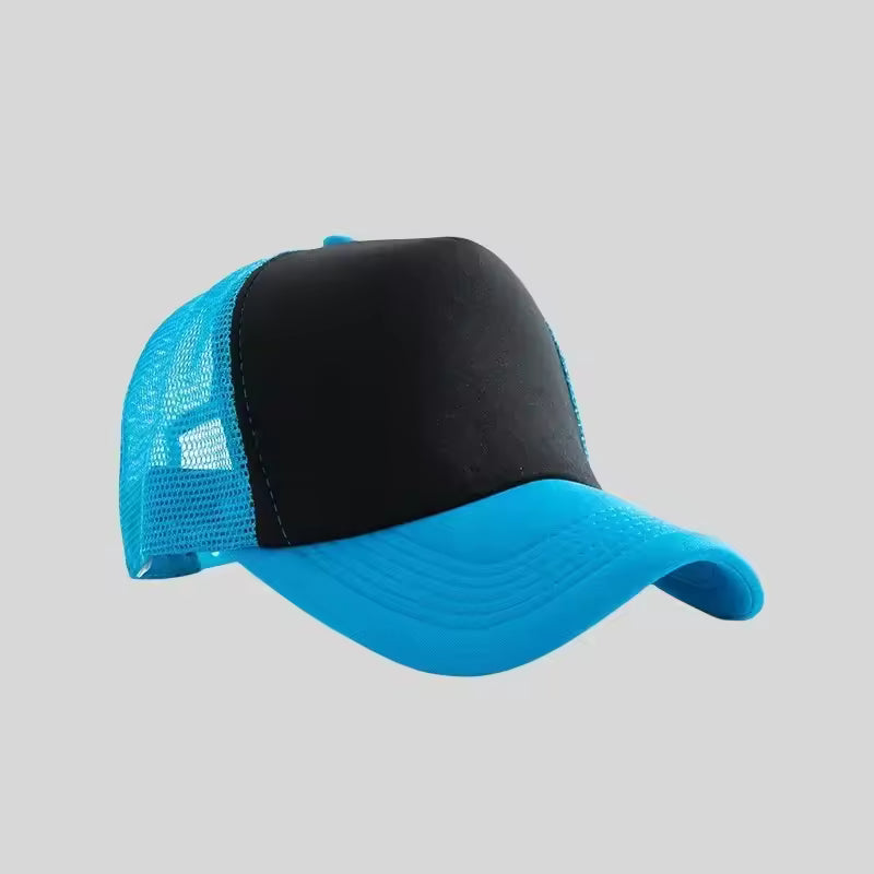Personalized logo trucker hat in black with sky blue mesh – custom mesh-back baseball cap