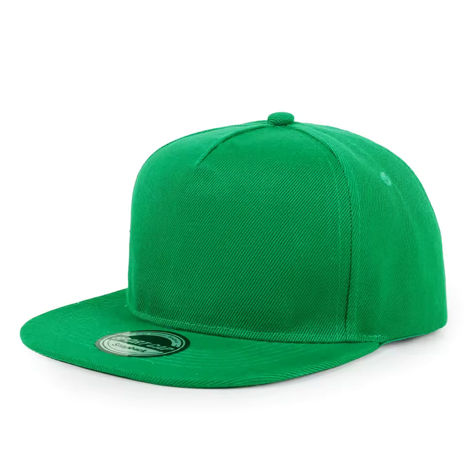 Black snapback cap with structured crown for branding