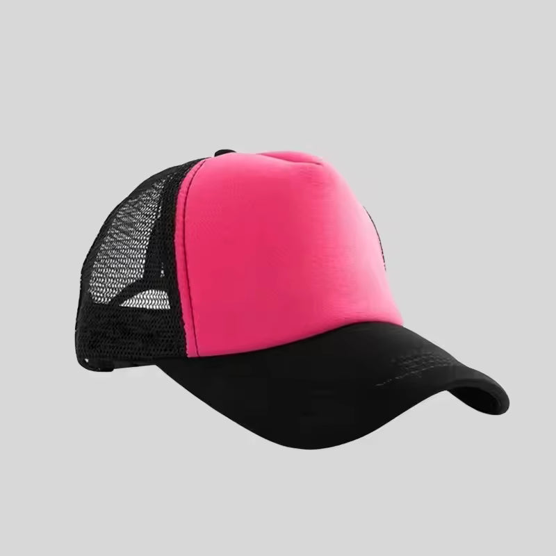 Personalized logo trucker hat in hot pink with black mesh – custom mesh-back baseball cap