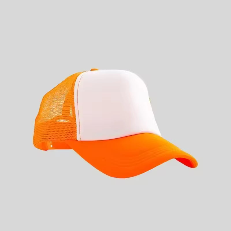 Personalized logo trucker hat in orange with white front – custom mesh-back baseball cap