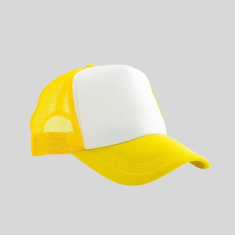Personalized logo trucker hat in yellow with white front – custom mesh-back baseball cap