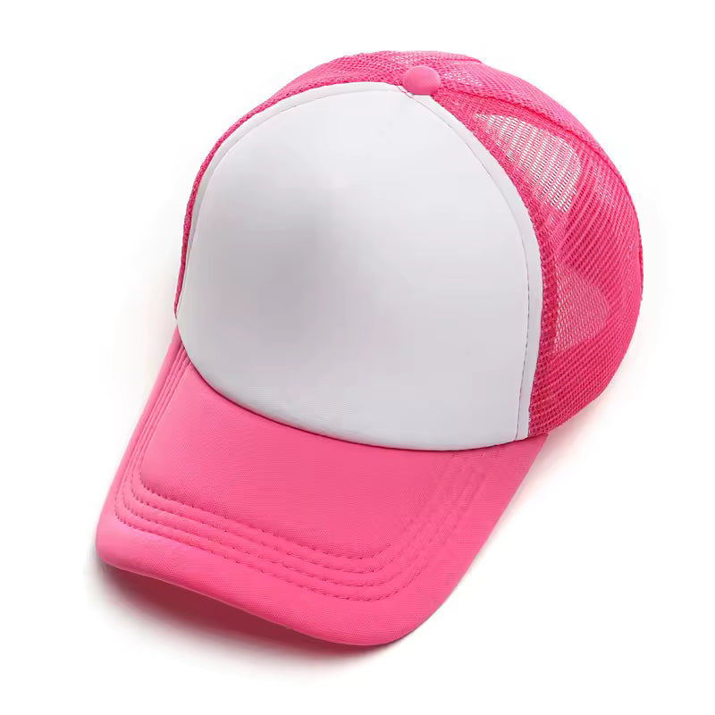 Personalized logo trucker hat in rose pink – custom mesh-back baseball cap, front view