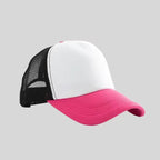 Personalized logo trucker hat in white with black mesh and pink brim – custom baseball cap
