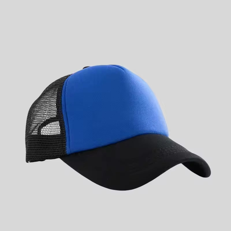 Personalized logo trucker hat in royal blue with black mesh – custom mesh-back baseball cap