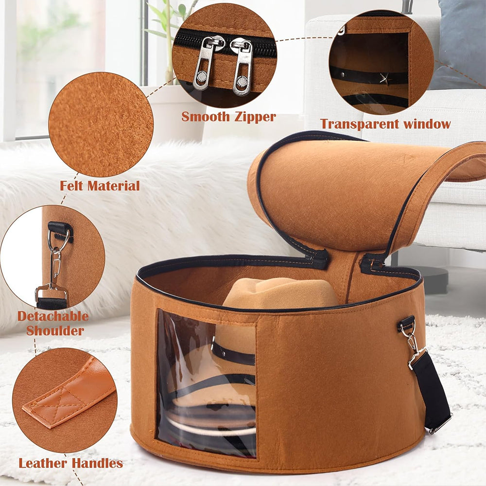 Round Hat Storage Box, Large Felt Organizer with Clear Window