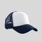 Personalized logo trucker hat in navy blue with white front – custom mesh-back baseball cap