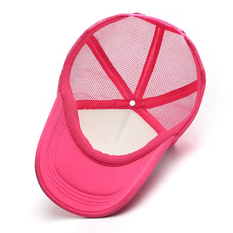 Rose pink custom logo trucker hat – mesh back view of the baseball cap