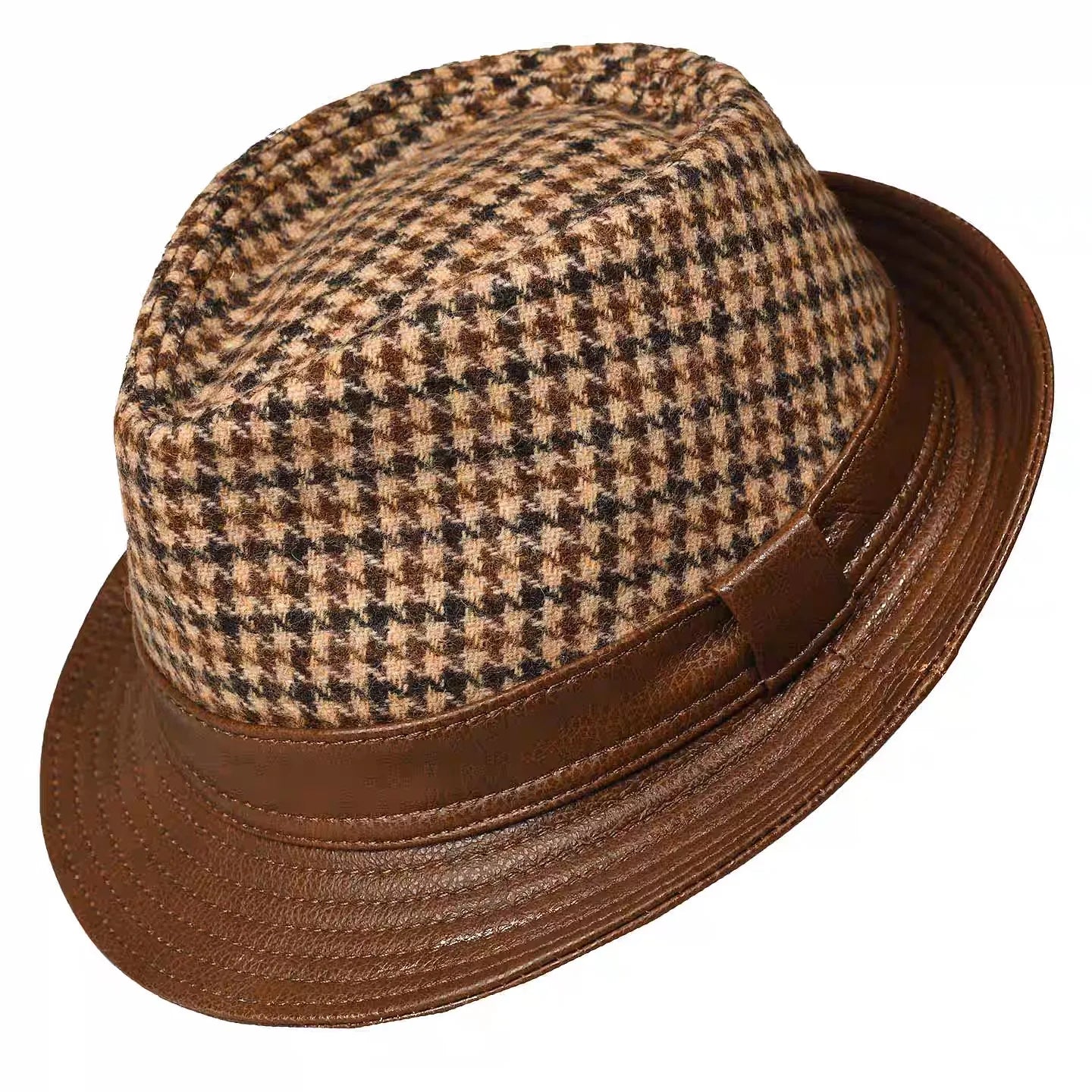 Salvatore Houndstooth Wool Genuine Leather Trilby Hat