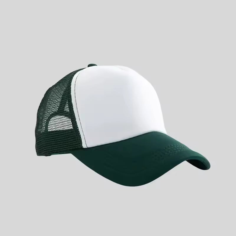 Personalized logo trucker hat in forest green with white front – custom mesh-back baseball cap