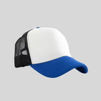 Personalized logo trucker hat in white with black mesh and blue brim – custom baseball cap