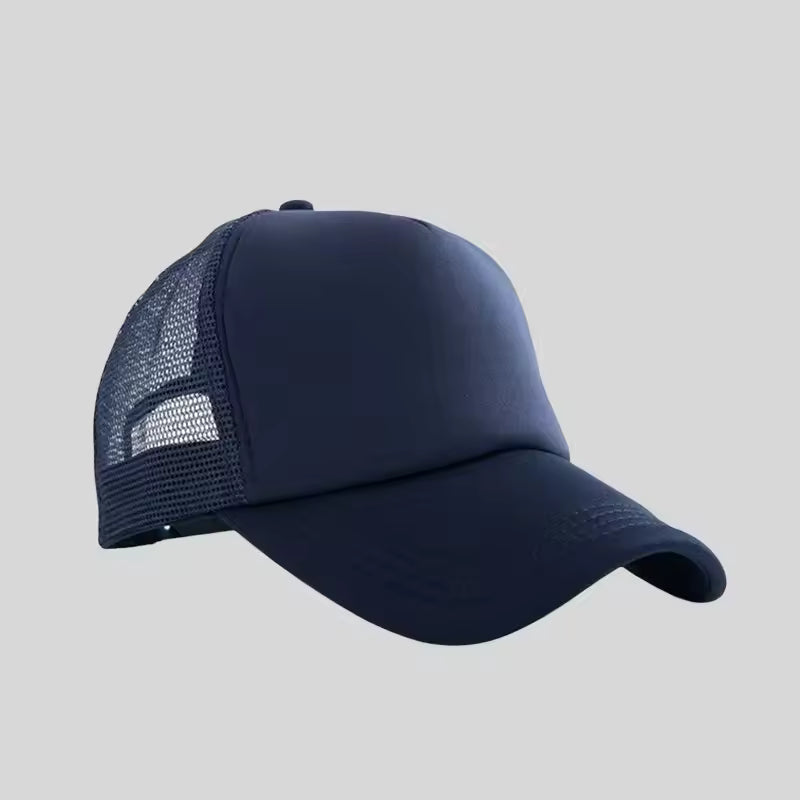 Personalized logo trucker hat in navy blue – custom mesh-back baseball cap