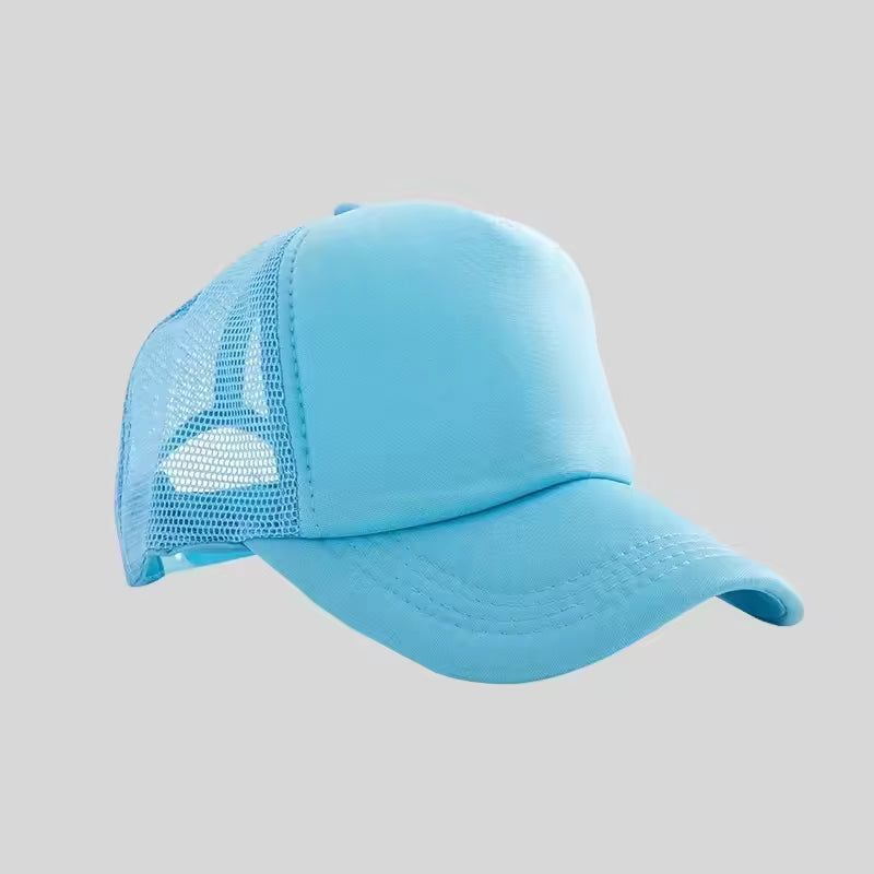 Personalized logo trucker hat in baby blue – custom mesh-back baseball cap