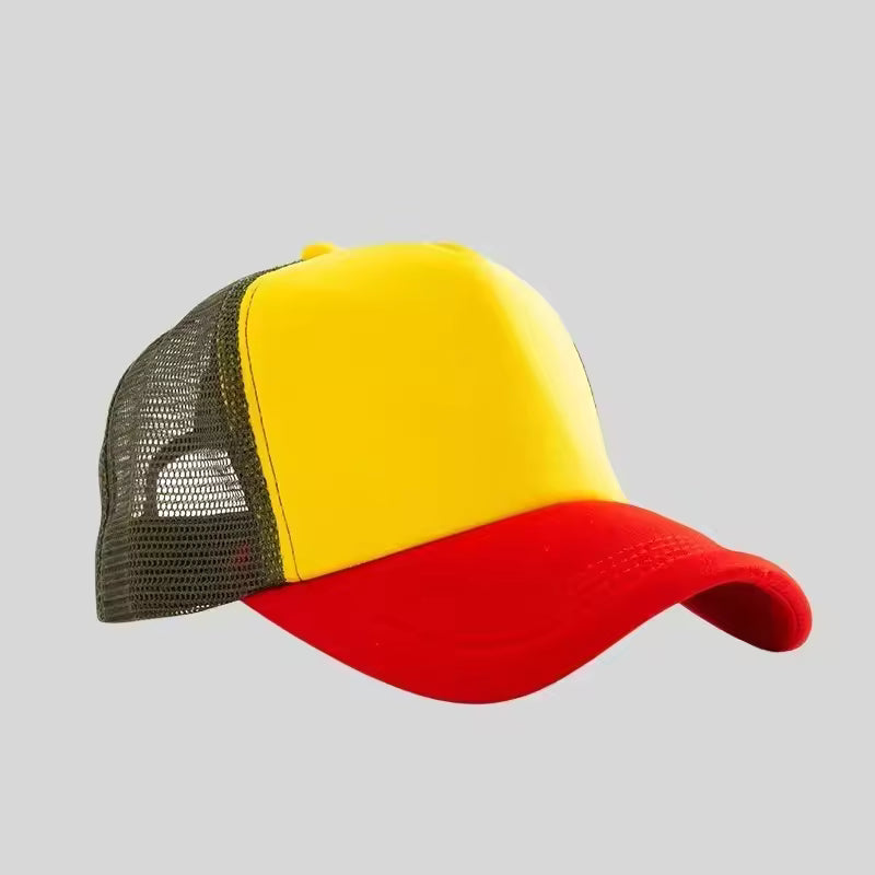 Personalized logo trucker hat in gold with olive mesh and red brim – custom baseball cap