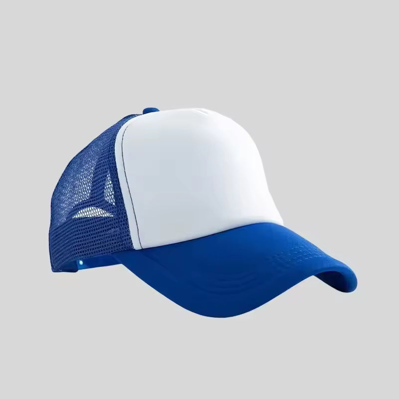 Personalized logo trucker hat in royal blue with white front – custom mesh-back baseball cap