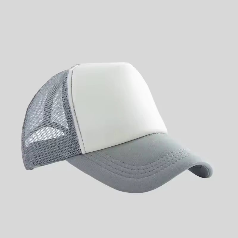 Personalized logo trucker hat in grey with white front – custom mesh-back baseball cap