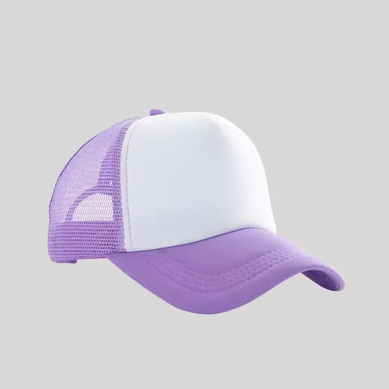 Personalized logo trucker hat in lavender with white front – custom mesh-back baseball cap