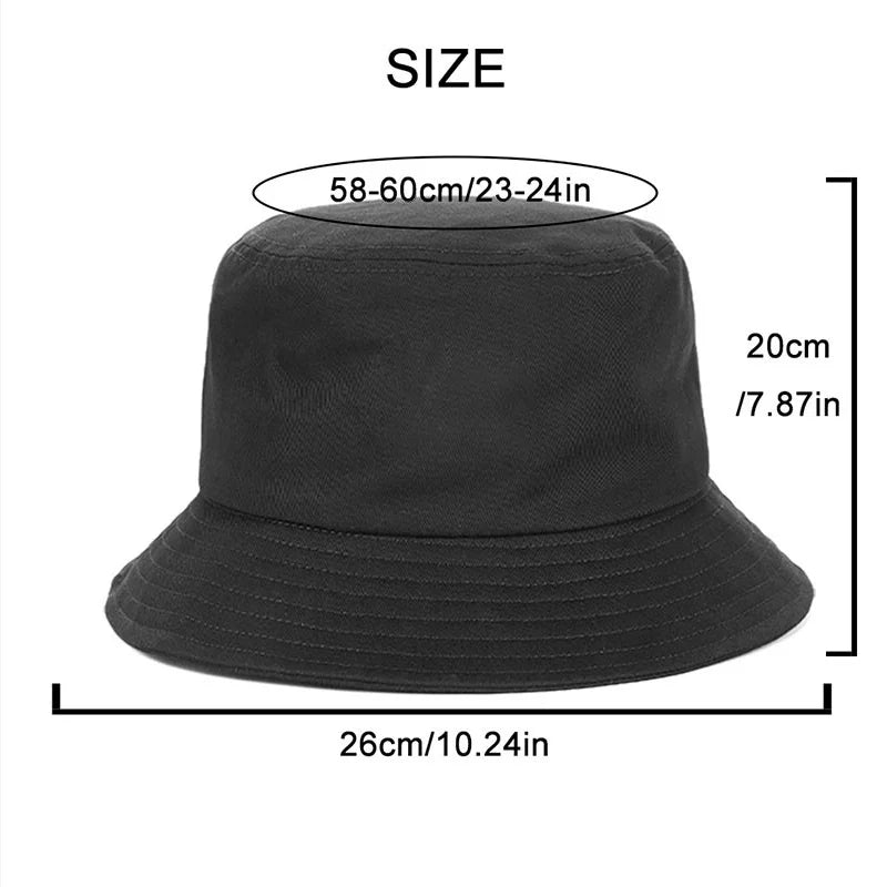 Person wearing a black bucket hat with custom text print