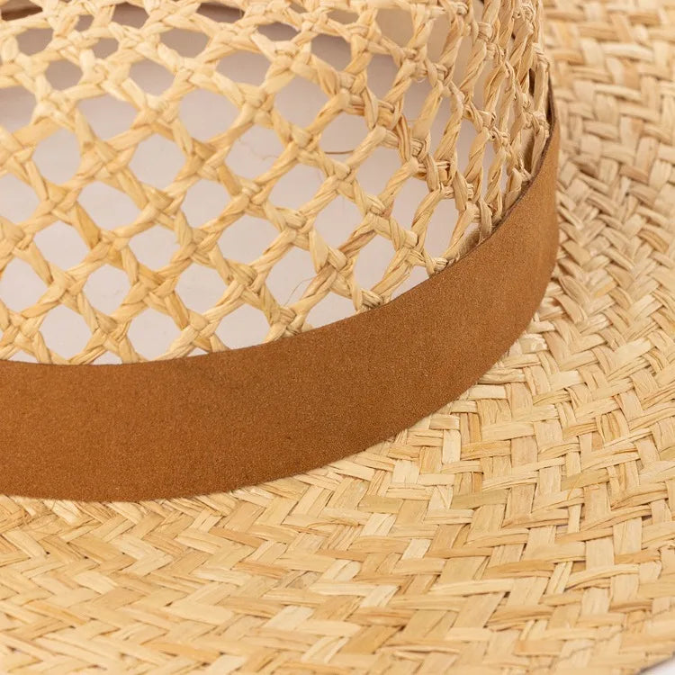 Brown straw raffia boater hat – natural raffia hat side view