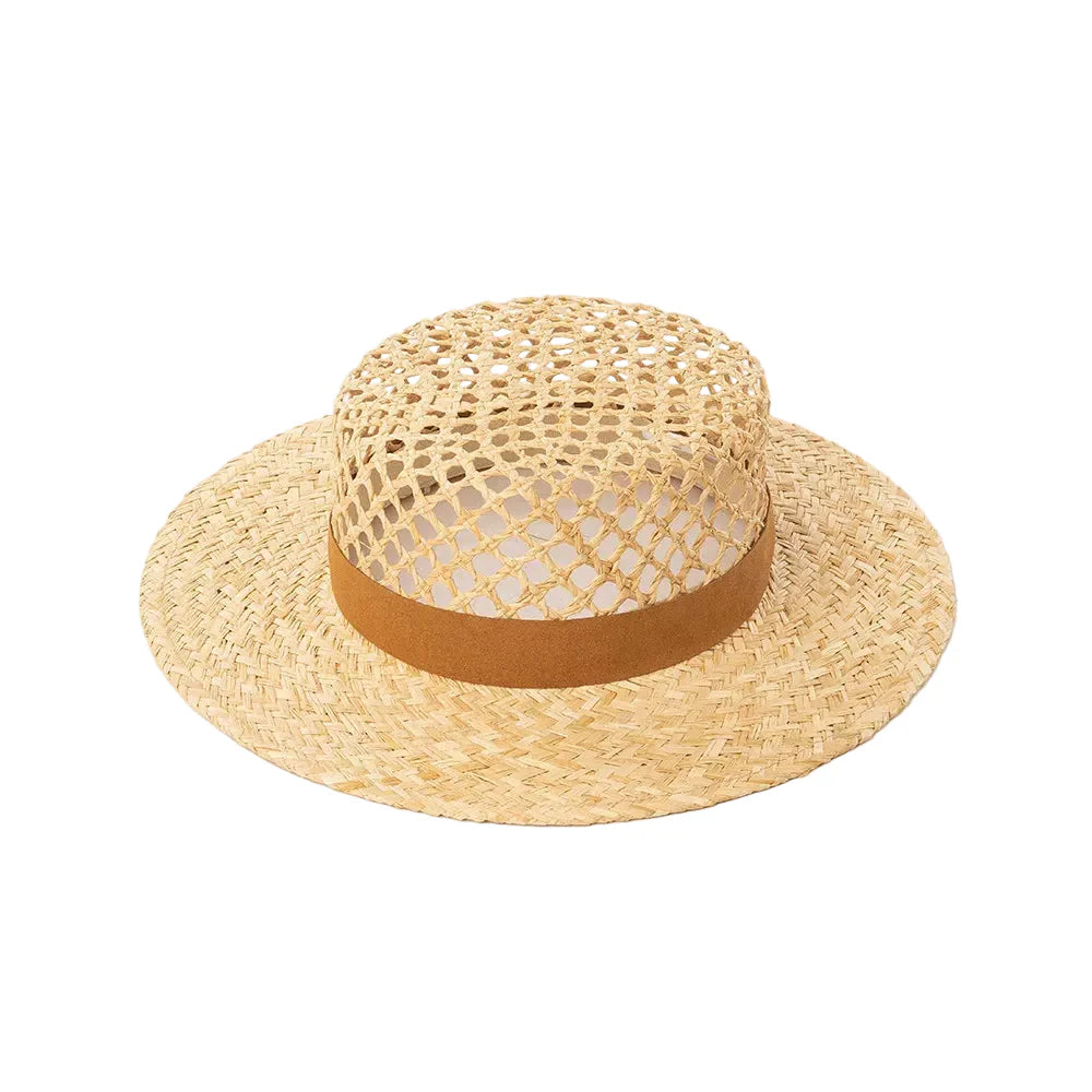 Brown straw raffia boater hat – natural raffia boater hat