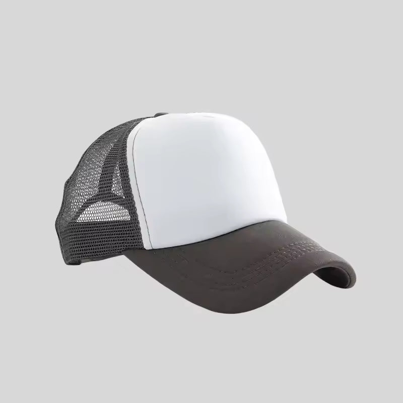 Personalized logo trucker hat in charcoal grey with white front – custom mesh-back baseball cap