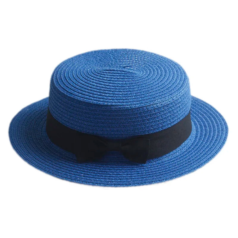 Blue straw boater hat with ribbon – lightweight summer hat